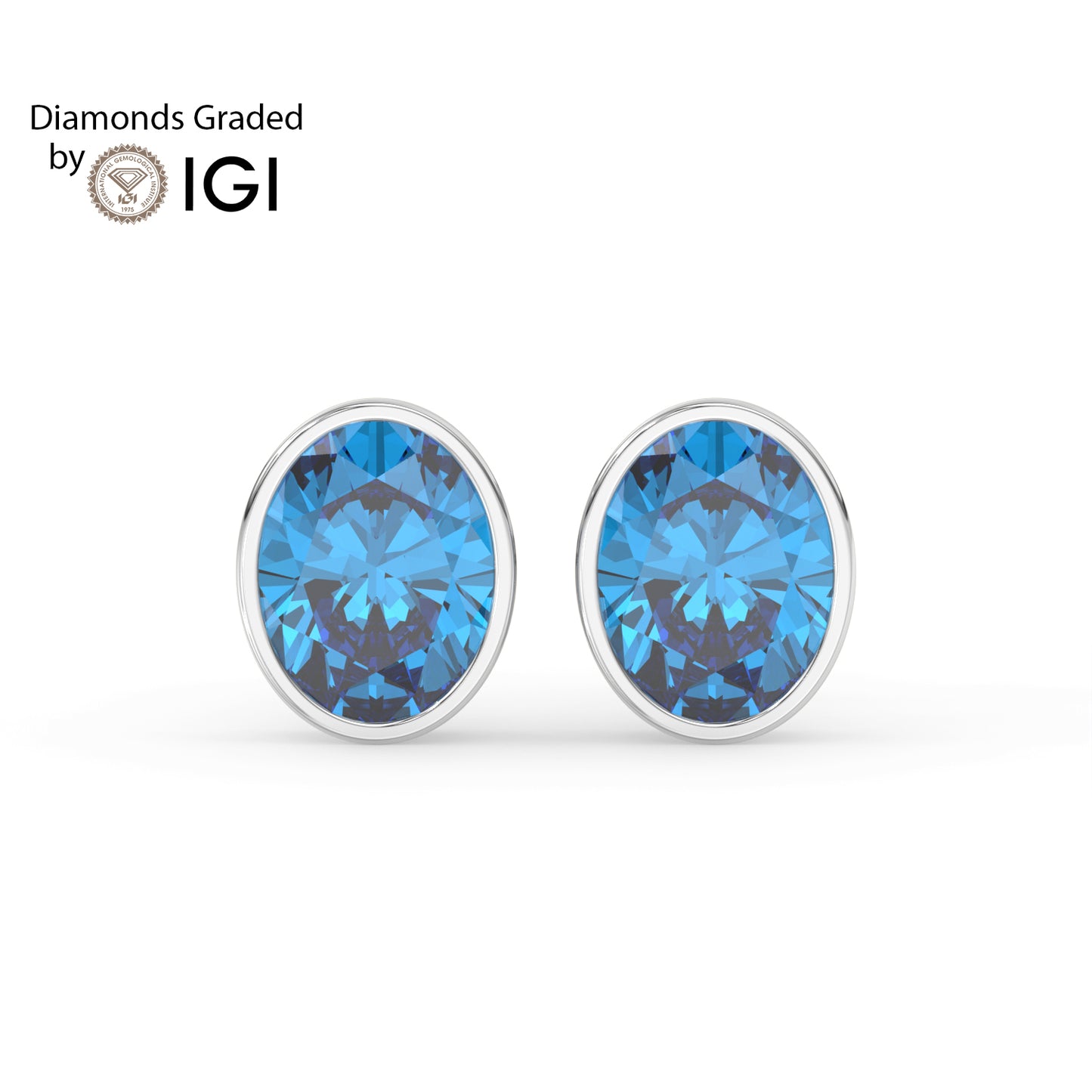 2ct Intense Blue Oval Lab Diamond Solitaire Stud Earrings - E/VVS 14K Gold