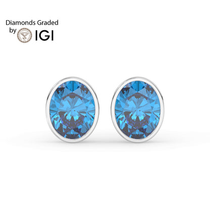 2ct Intense Blue Oval Lab Diamond Solitaire Stud Earrings - E/VVS 14K Gold