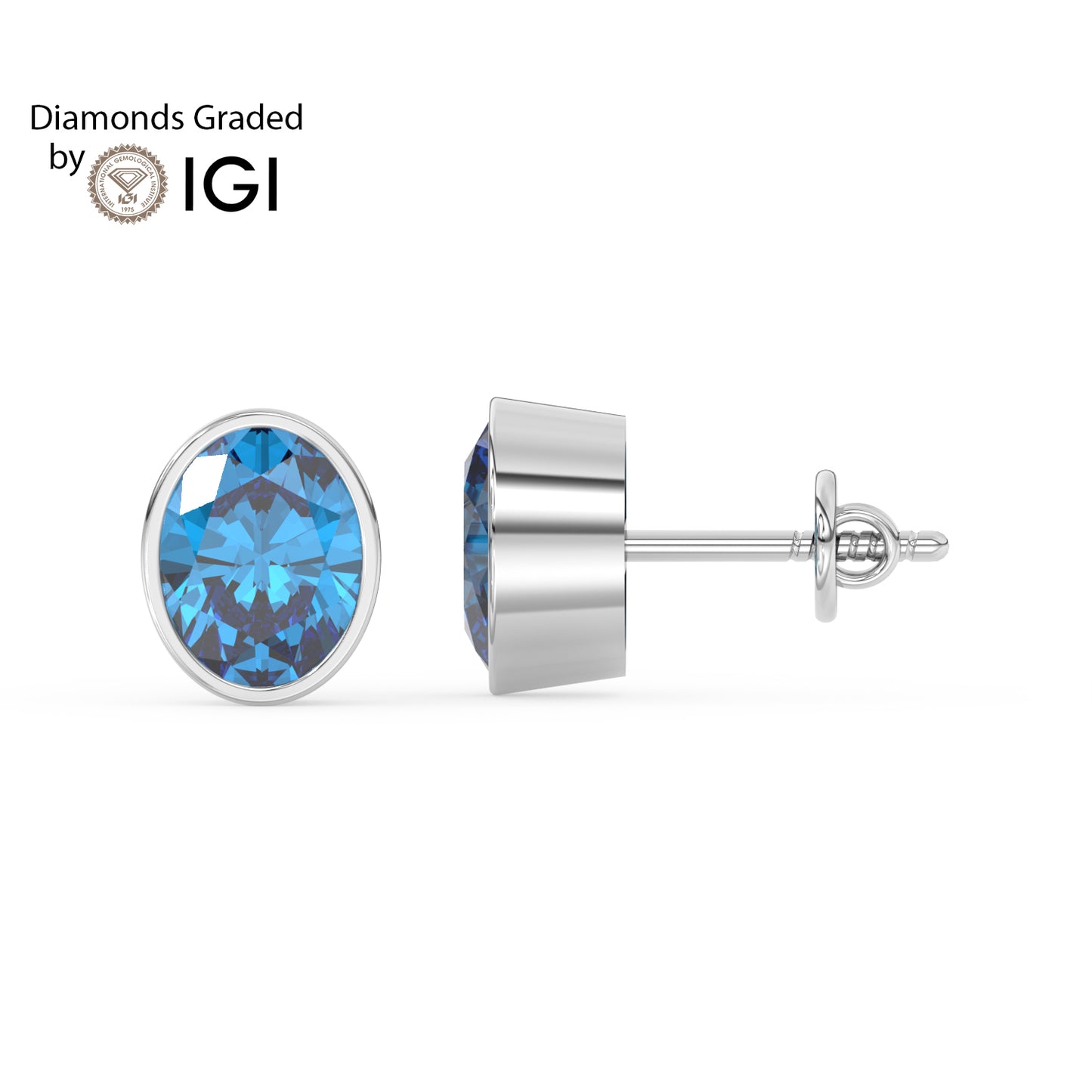 2ct Intense Blue Oval Lab Diamond Solitaire Stud Earrings - E/VVS 14K Gold