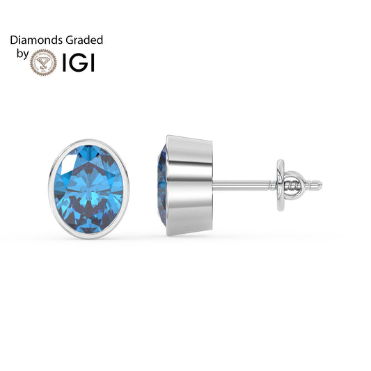 2ct Intense Blue Oval Lab Diamond Solitaire Stud Earrings - E/VVS 14K Gold