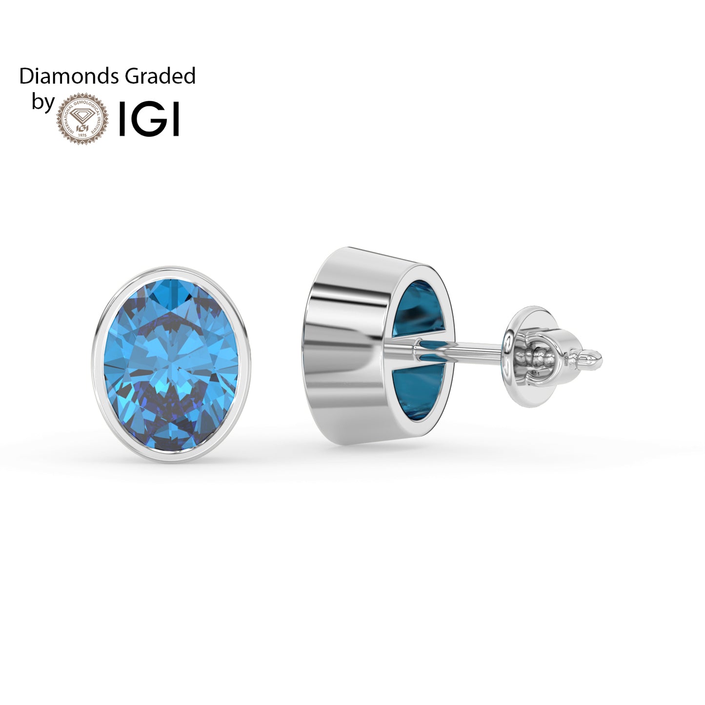 2ct Intense Blue Oval Lab Diamond Solitaire Stud Earrings - E/VVS 14K Gold
