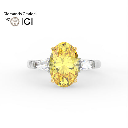 3ct Yellow Mist Oval Lab Diamond Trilogy Ring with Taper Side Diamonds E/VVS 18K Gold