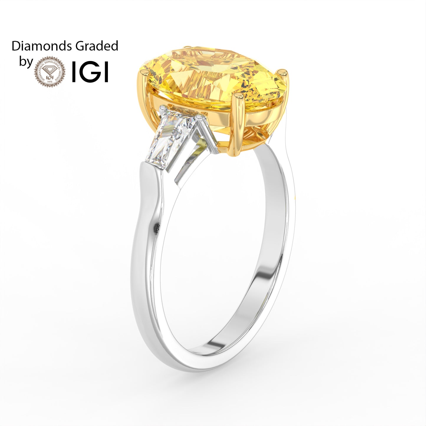 3ct Yellow Mist Oval Lab Diamond Trilogy Ring with Taper Side Diamonds E/VVS 18K Gold