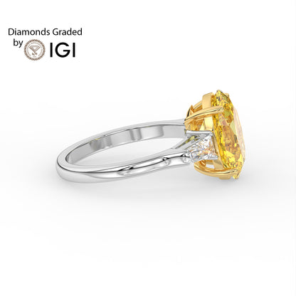 3ct Yellow Mist Oval Lab Diamond Trilogy Ring with Taper Side Diamonds E/VVS 18K Gold