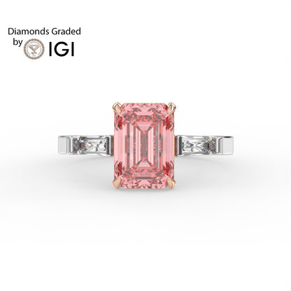 4ct Silk Pink Emerald Lab Diamond Trilogy Ring with Baguette Side Diamonds E/VVS 18K Gold
