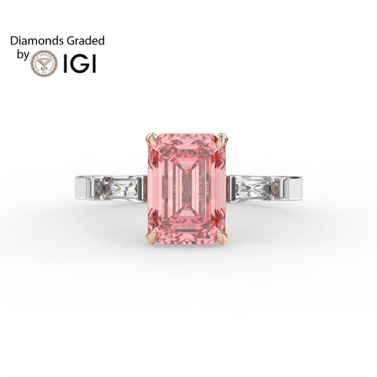 4ct Silk Pink Emerald Lab Diamond Trilogy Ring with Baguette Side Diamonds E/VVS 18K Gold