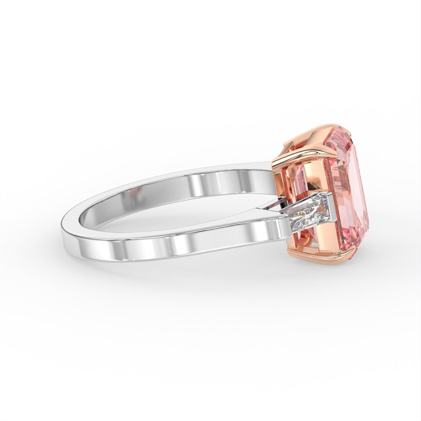 4ct Silk Pink Emerald Lab Diamond Trilogy Ring with Baguette Side Diamonds E/VVS 18K Gold