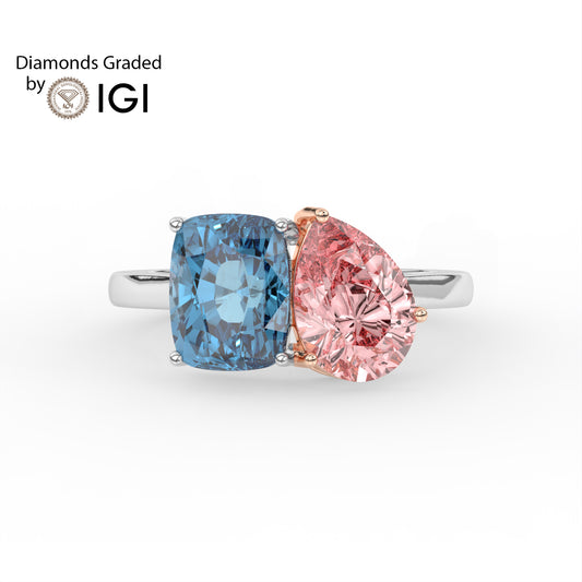 4.5ct Toi et Moi Vivid Blue Cushion and Vivid Pink Pear Lab Diamond Ring - E/VVS 18K Gold