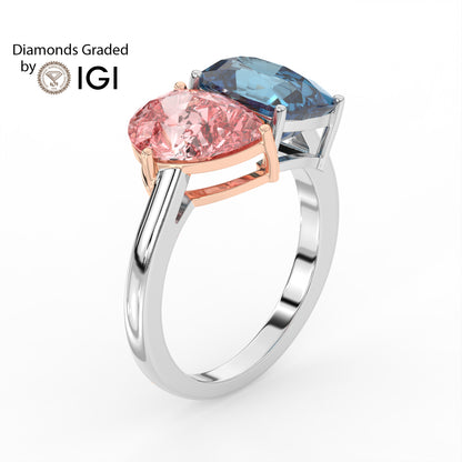 4.5ct Toi et Moi Vivid Blue Cushion and Vivid Pink Pear Lab Diamond Ring - E/VVS 18K Gold