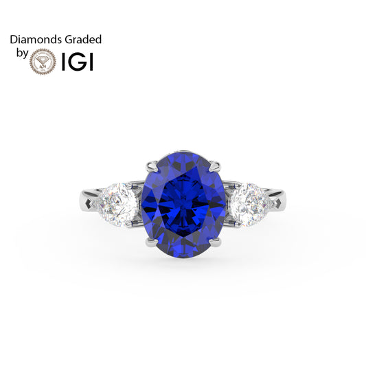 3ct Blue Oval Lab Sapphire Trilogy Ring Pear with Side Diamonds 18K Gold