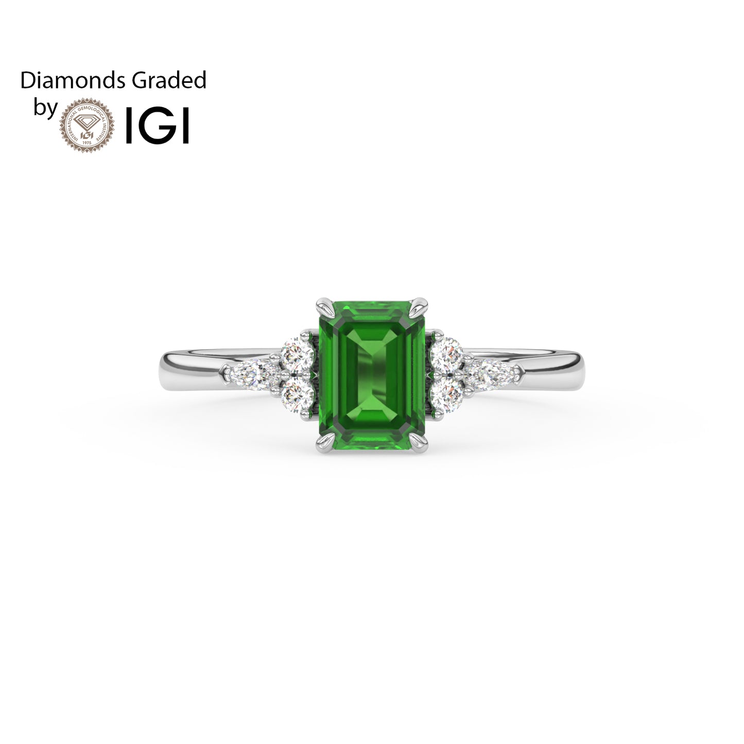3ct Emerald Lab Emerald Trilogy Ring with Cluster Side Diamonds - AAA 18K Gold