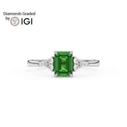 3ct Emerald Lab Emerald Trilogy Ring with Cluster Side Diamonds - AAA 18K Gold