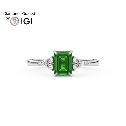 3ct Emerald Lab Emerald Trilogy Ring with Cluster Side Diamonds - AAA 18K Gold