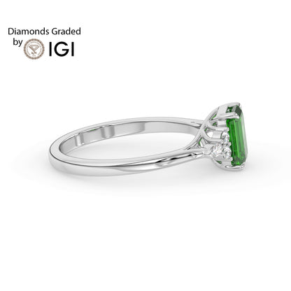 3ct Emerald Lab Emerald Trilogy Ring with Cluster Side Diamonds - AAA 18K Gold