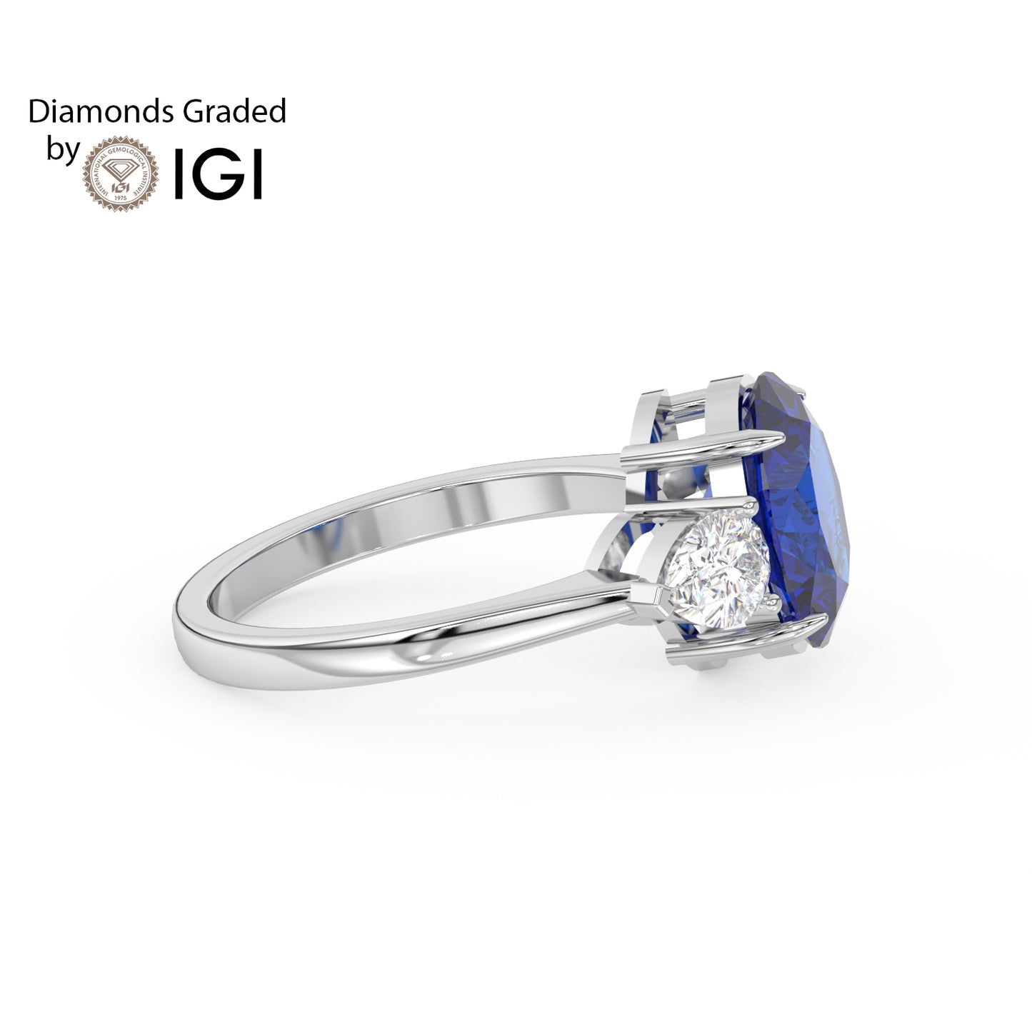 3ct Blue Oval Lab Sapphire Trilogy Ring Pear with Side Diamonds 18K Gold