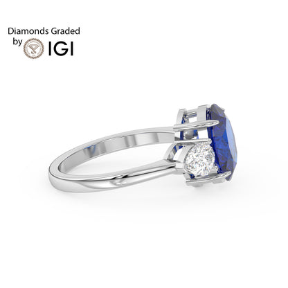 3ct Blue Oval Lab Sapphire Trilogy Ring Pear with Side Diamonds 18K Gold