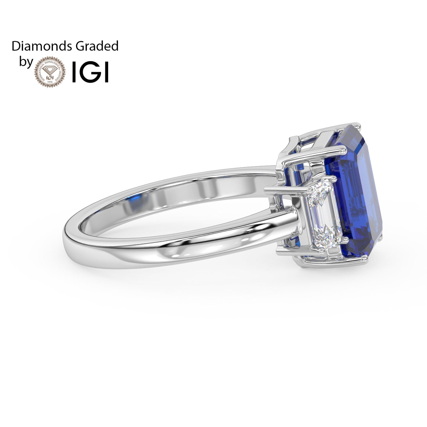 3ct Blue Emerald Lab Sapphire Trilogy Ring Emerald Side Diamonds 18K Gold