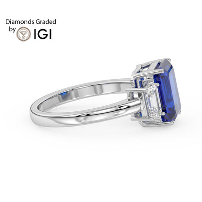 3ct Blue Emerald Lab Sapphire Trilogy Ring Emerald Side Diamonds 18K Gold