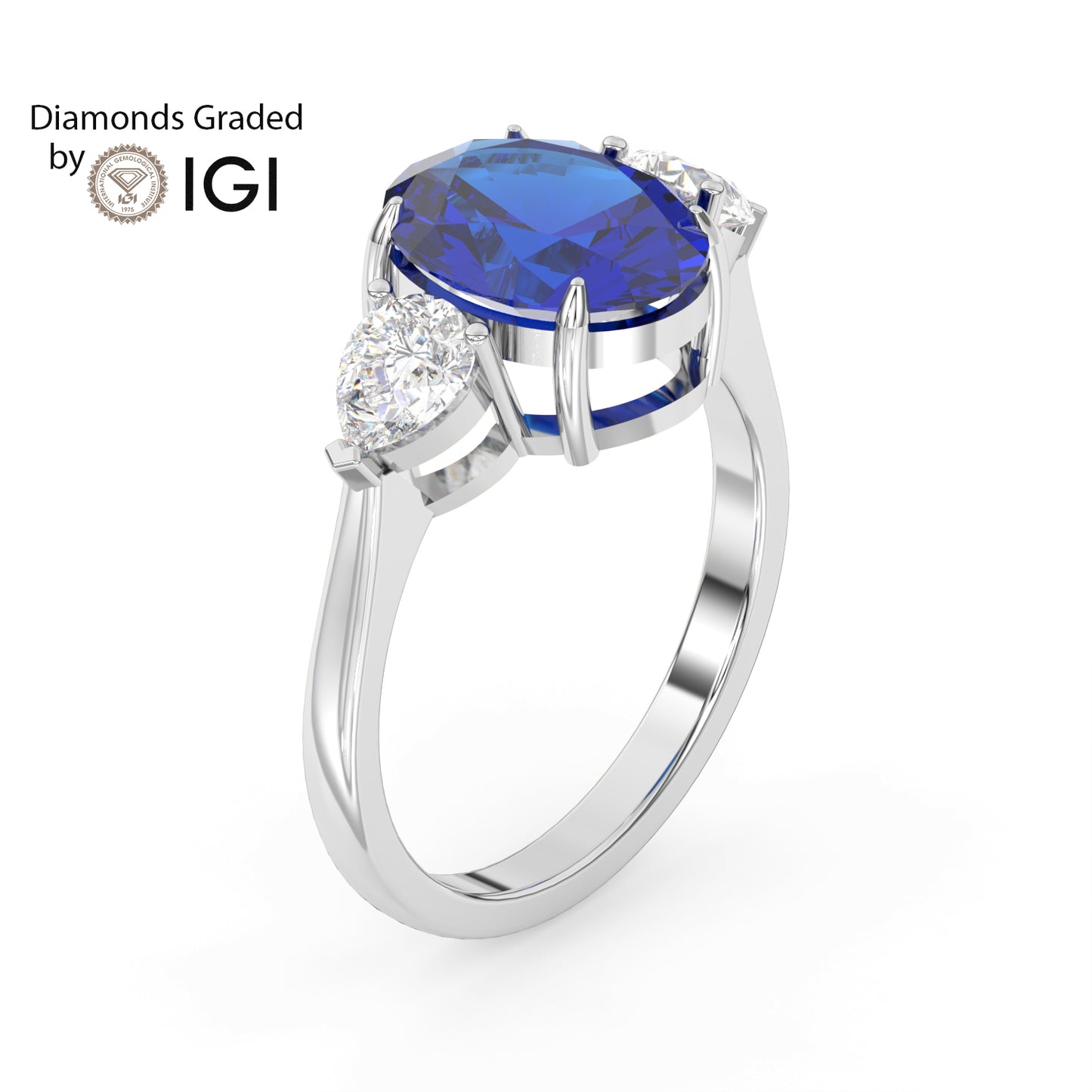 3ct Blue Oval Lab Sapphire Trilogy Ring Pear with Side Diamonds 18K Gold