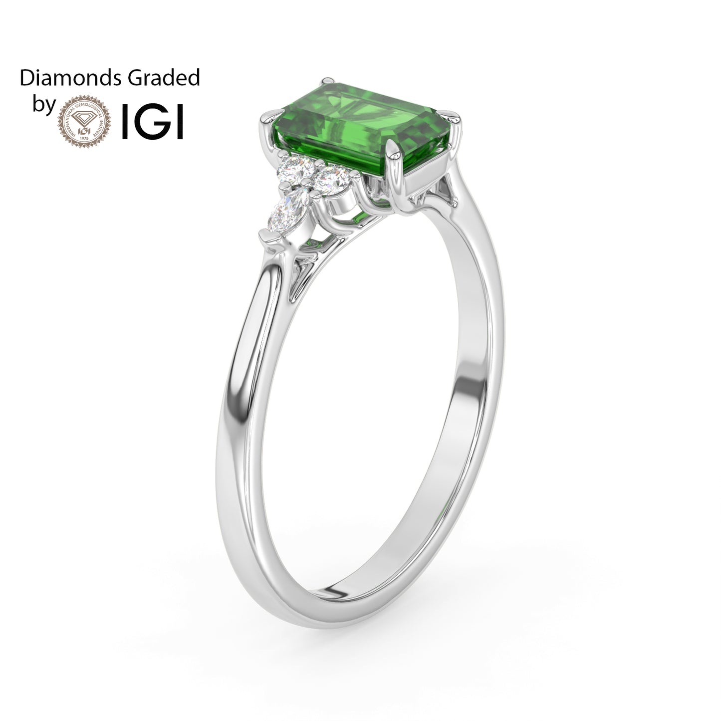 3ct Emerald Lab Emerald Trilogy Ring with Cluster Side Diamonds - AAA 18K Gold