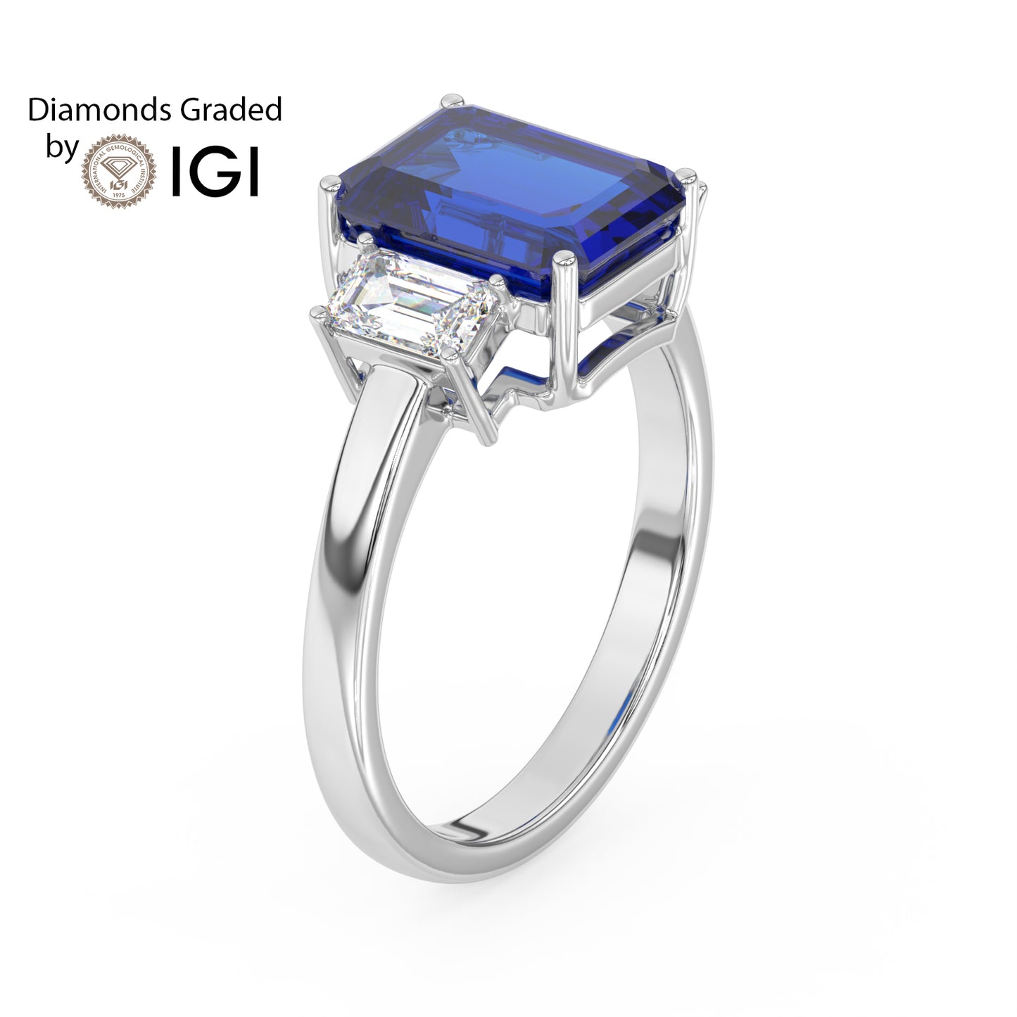 3ct Blue Emerald Lab Sapphire Trilogy Ring Emerald Side Diamonds 18K Gold