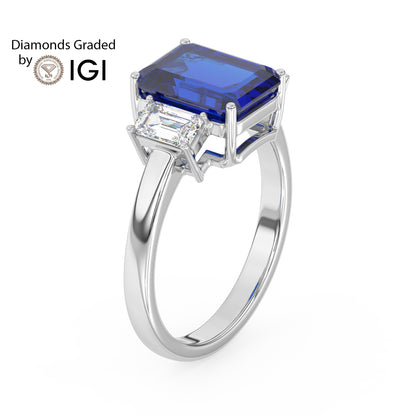 3ct Blue Emerald Lab Sapphire Trilogy Ring Emerald Side Diamonds 18K Gold