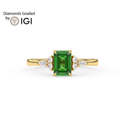 3ct Emerald Lab Emerald Trilogy Ring with Cluster Side Diamonds - AAA 18K Gold