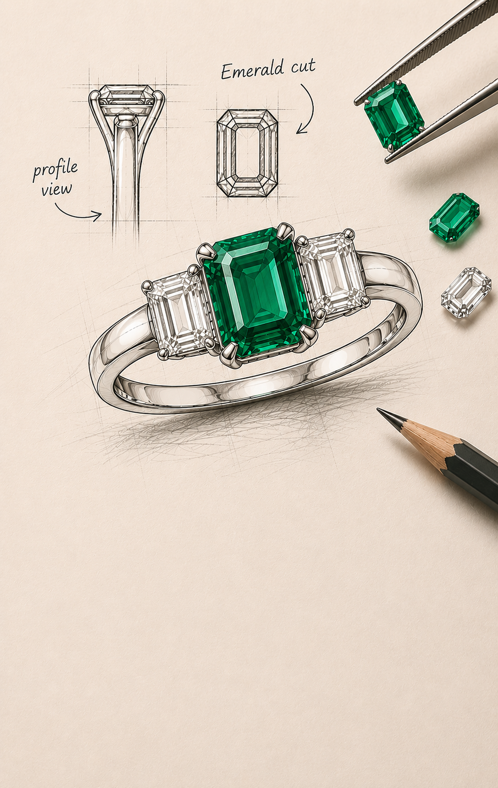 Emerald cut gemstone ring with illustration and tools on a beige background