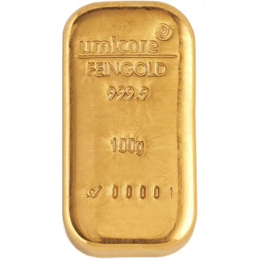 100g Umicore Cast Gold Bar