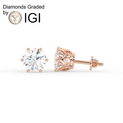 4ct Round Lab Diamond 6 Prong Earrings - E/VVS 18K Gold