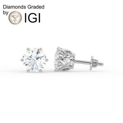 4ct Round Lab Diamond 6 Prong Earrings - E/VVS 18K Gold
