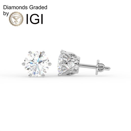 4ct Round Lab Diamond 6 Prong Earrings - E/VVS 14K Gold