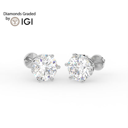 4ct Round Lab Diamond 6 Prong Earrings - E/VVS 18K Gold
