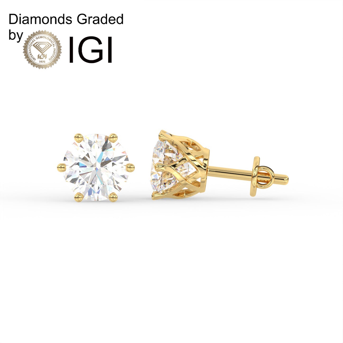 4ct Round Lab Diamond 6 Prong Earrings - E/VVS 18K Gold