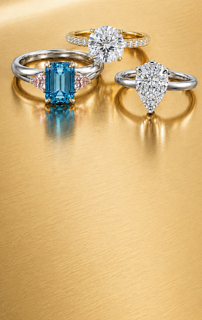 Three diamond rings on a gold background