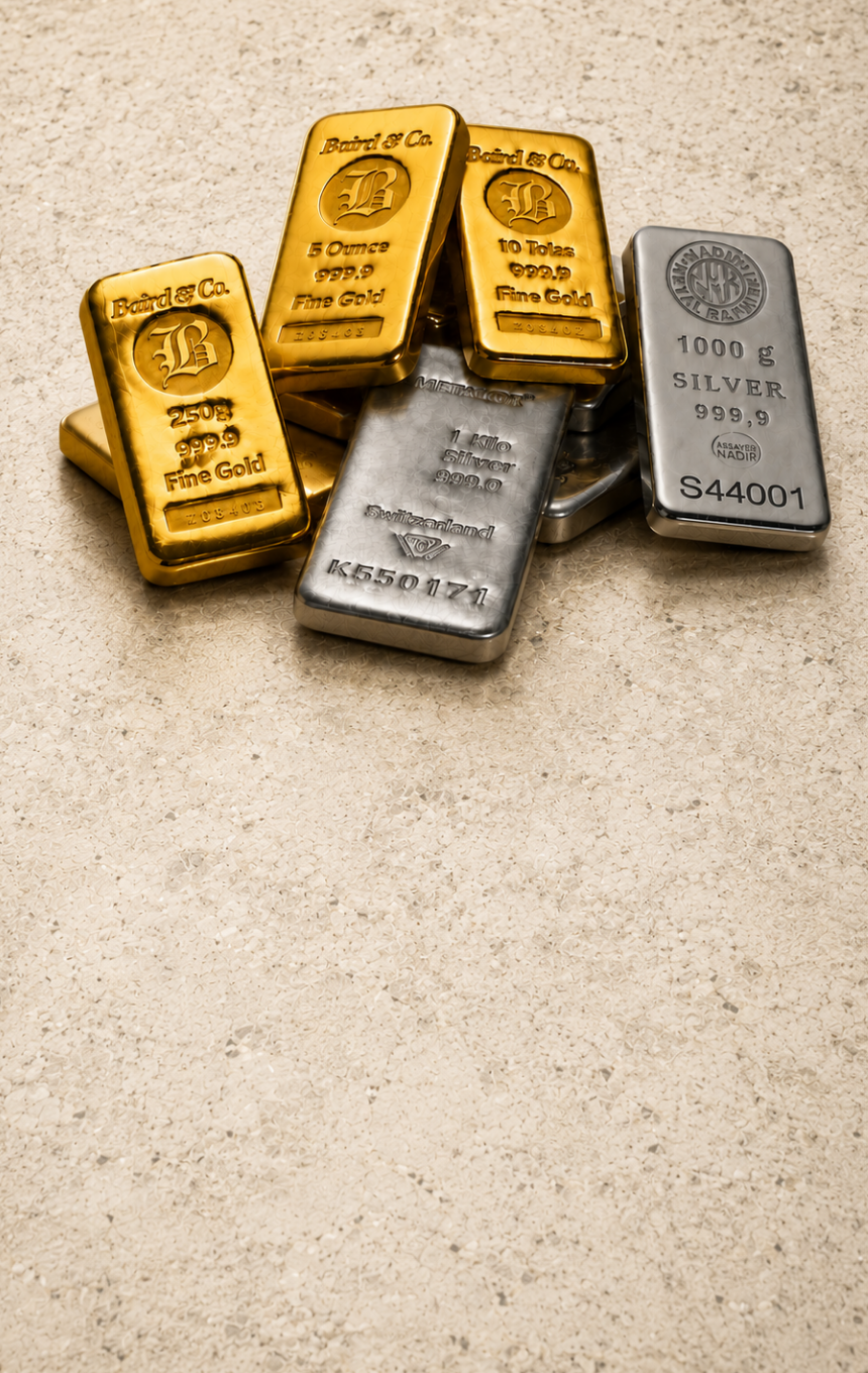 Gold and silver bars on a textured surface
