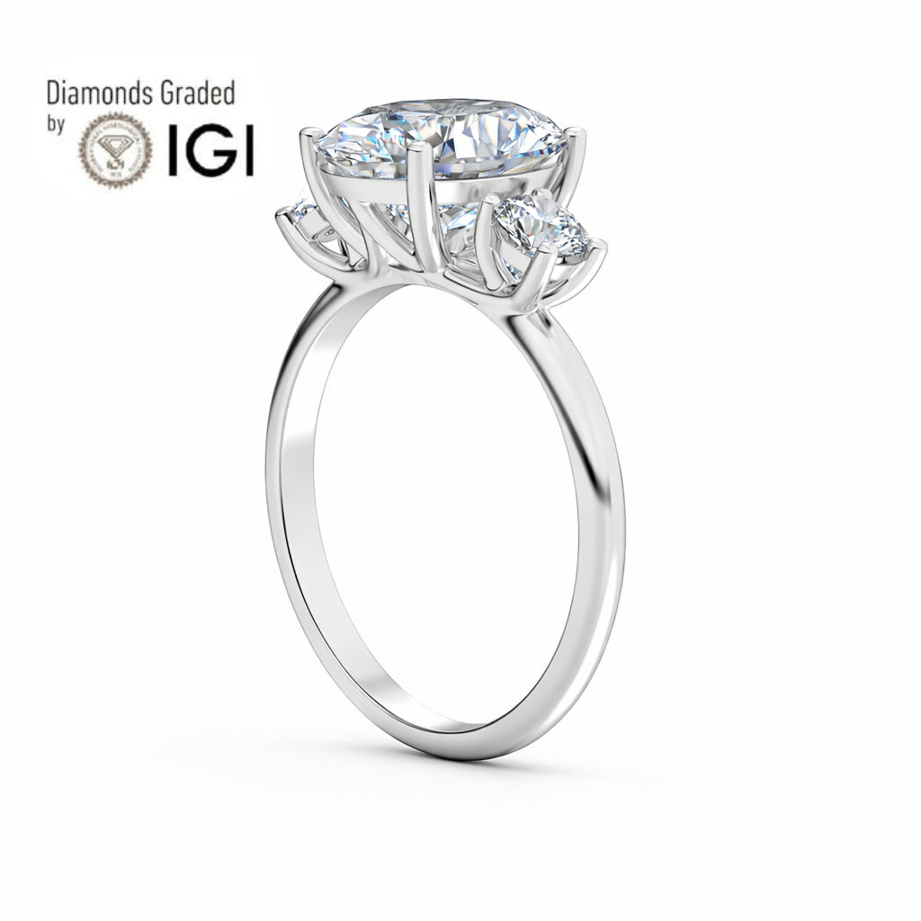 2ct Oval Lab Diamond Trilogy Ring with Round Side Diamonds - E/VVS Platinum