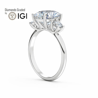 2ct Oval Lab Diamond Trilogy Ring with Round Side Diamonds - E/VVS Platinum