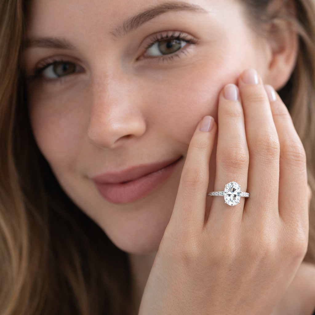 3ct Oval  Lab Diamond Engagement Ring with Diamond Band - E/VVS Platinum