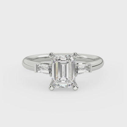 3ct Emerald Lab Diamond Trilogy Ring with Baguette Side Diamonds E/VVS Platinum
