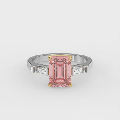 4ct Silk Pink Emerald Lab Diamond Trilogy Ring with Baguette Side Diamonds E/VVS 18K Gold