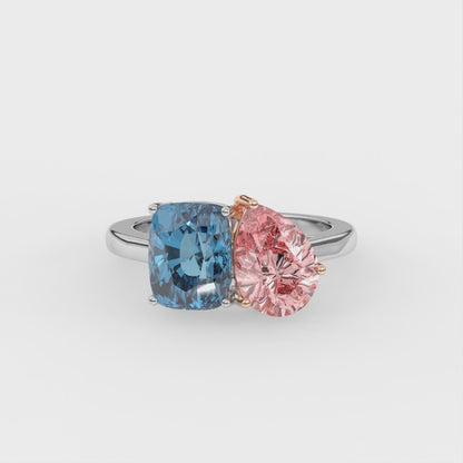4.5ct Toi et Moi Vivid Blue Cushion and Vivid Pink Pear Lab Diamond Ring - E/VVS 18K Gold