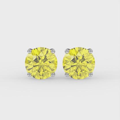 2ct Intense Yellow Round Lab Diamond Solitaire Stud Earrings - E/VVS 14K Gold