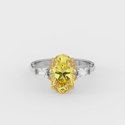 3ct Yellow Mist Oval Lab Diamond Trilogy Ring with Taper Side Diamonds E/VVS 18K Gold