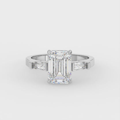 2ct Emerald Lab Diamond Trilogy Ring with Baguette Side Diamonds - E/VVS 14K Gold