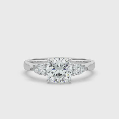 2ct Cushion Lab Diamond Trilogy Ring with Pear Side Diamonds - E/VVS 18K Gold