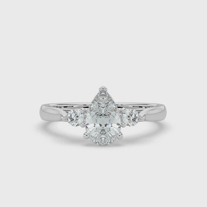 1ct Pear Lab Diamond Trilogy Ring with Round Side Diamonds - E/VVS 14K Gold