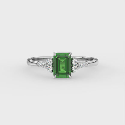 3ct Emerald Lab Emerald Trilogy Ring with Cluster Side Diamonds - AAA 18K Gold
