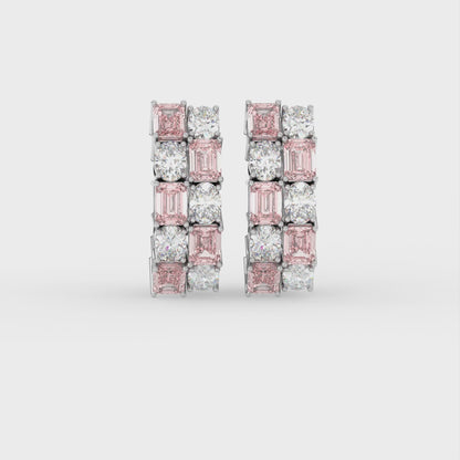 3ct Vivid Pink Oval and Emerald Hoop Lab Diamond Earrings E VVS 18K Gold