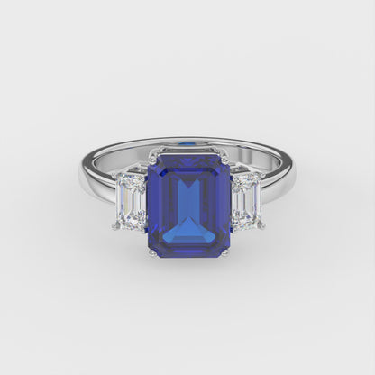 3ct Blue Emerald Lab Sapphire Trilogy Ring Emerald Side Diamonds 18K Gold